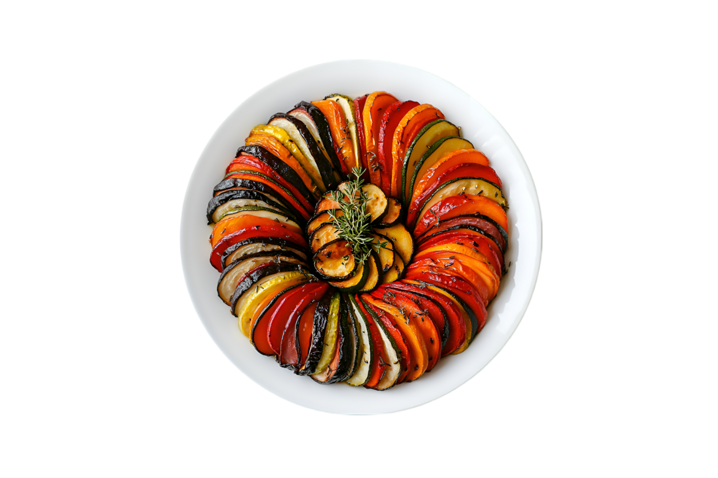 Ratatouille en espiral sobre plato blanco